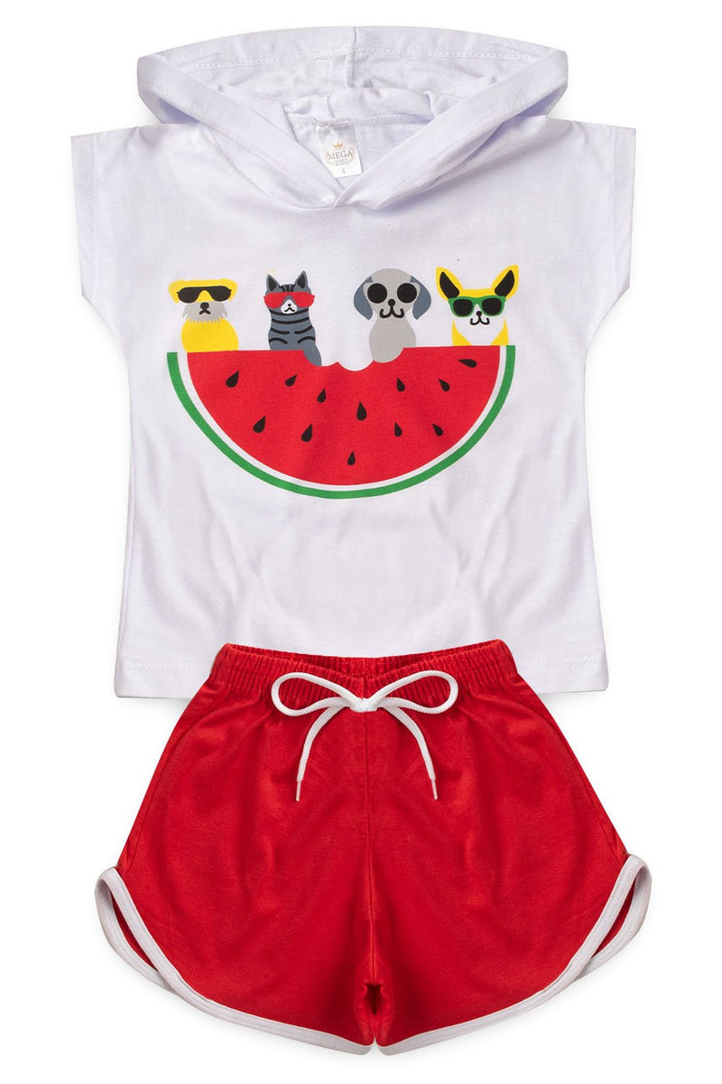 Conjunto Infantil Verão Feminino Melancia Com Animais - Branco