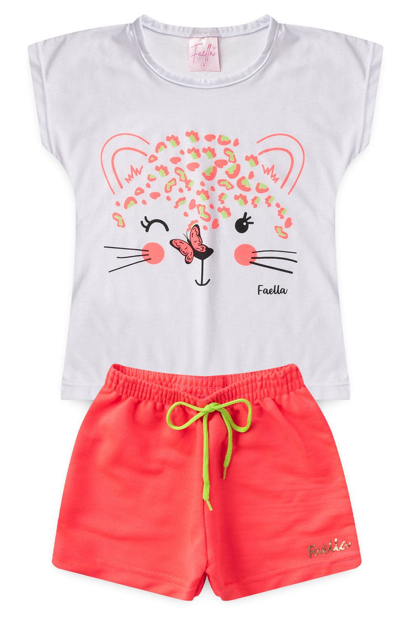 Conjunto Infantil Verão Feminino Onça - Branco