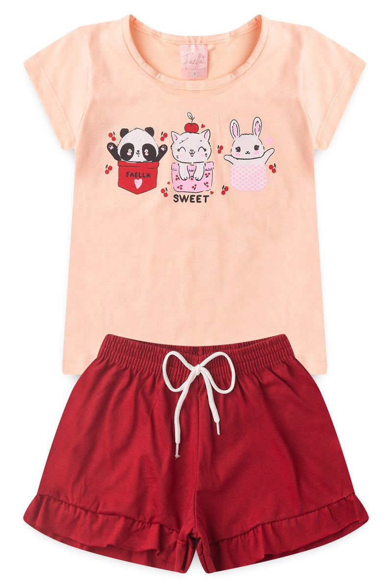 Conjunto Infantil Verão Feminino Swett Faella - Salmão