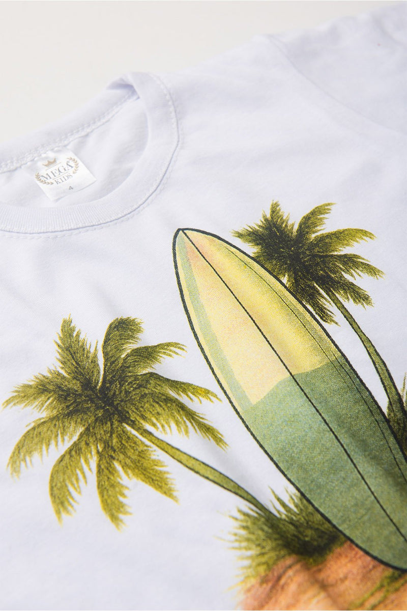 Conjunto Infantil Verão Masculino Camiseta Prancha Summer - Branco