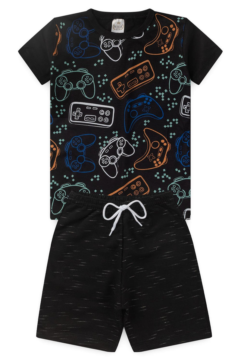 Conjunto Infantil Verão Masculino Controles Video Game - Preto