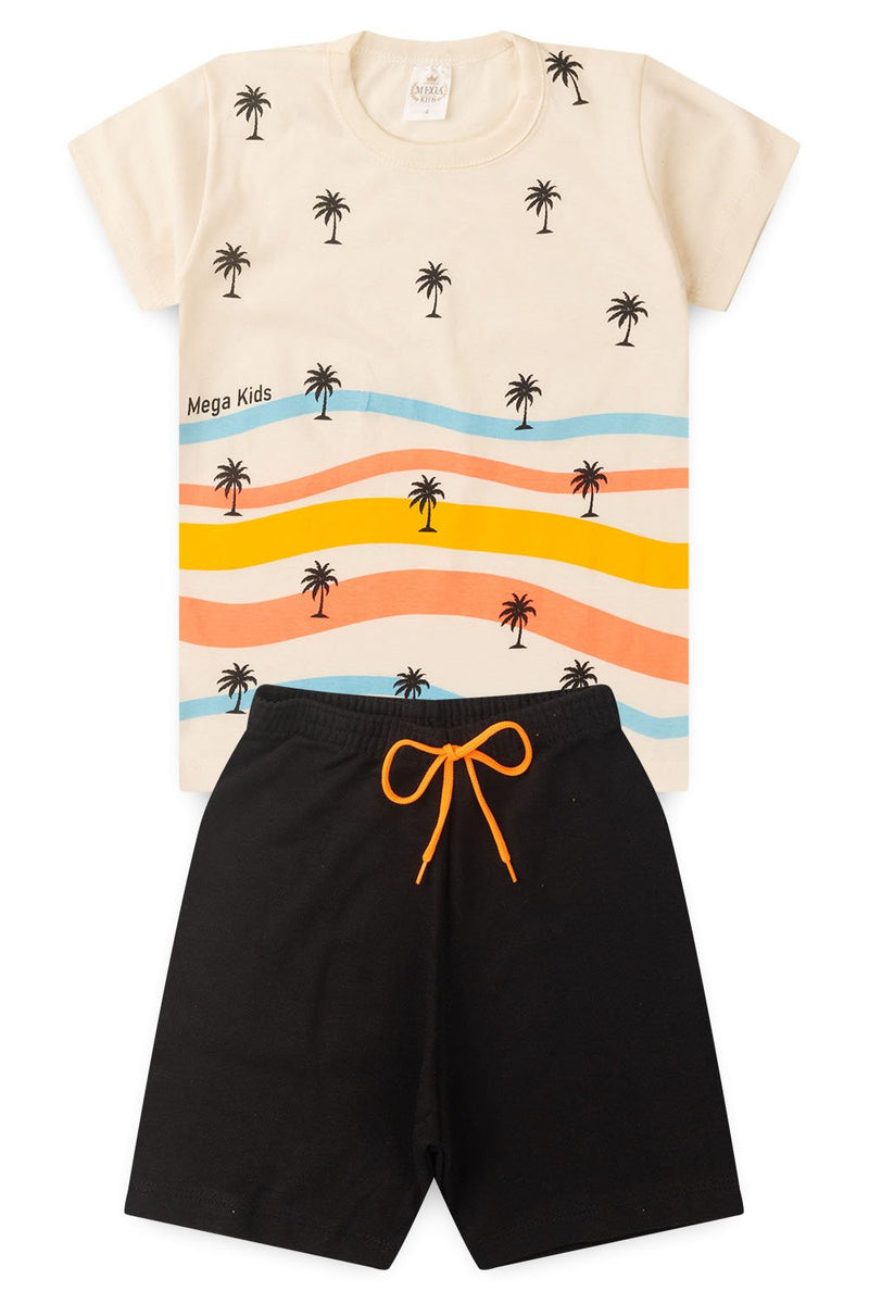 Conjunto Infantil Verão Masculino Ondas e Coqueiros - Off White
