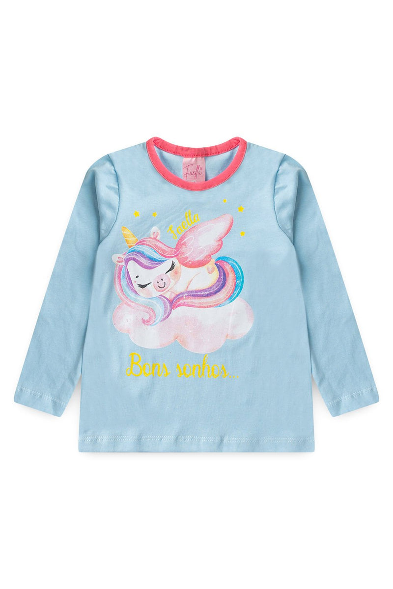 Pijama Infantil Manga Longa Feminino Unicornio - Azul