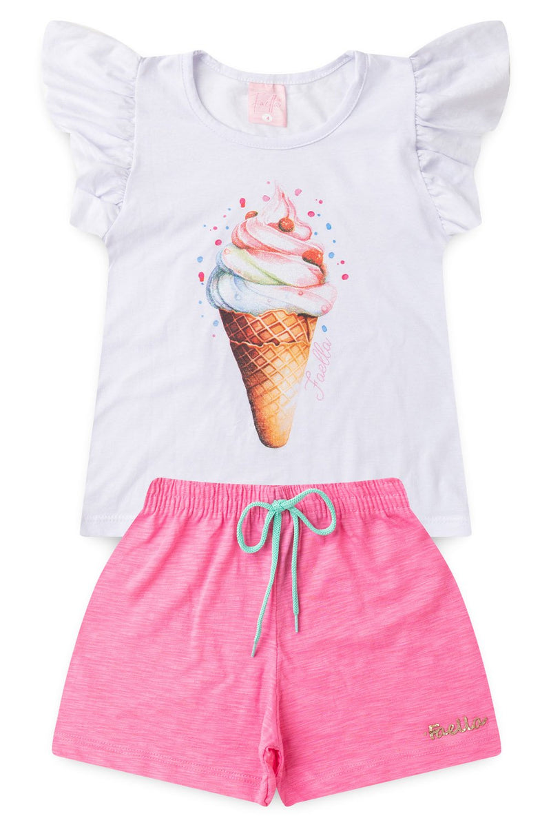 Conjunto Infantil Verão Feminino Sorvete - Branco