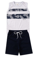 Conjunto Infantil Verão Masculino Regata Folhas - Branco
