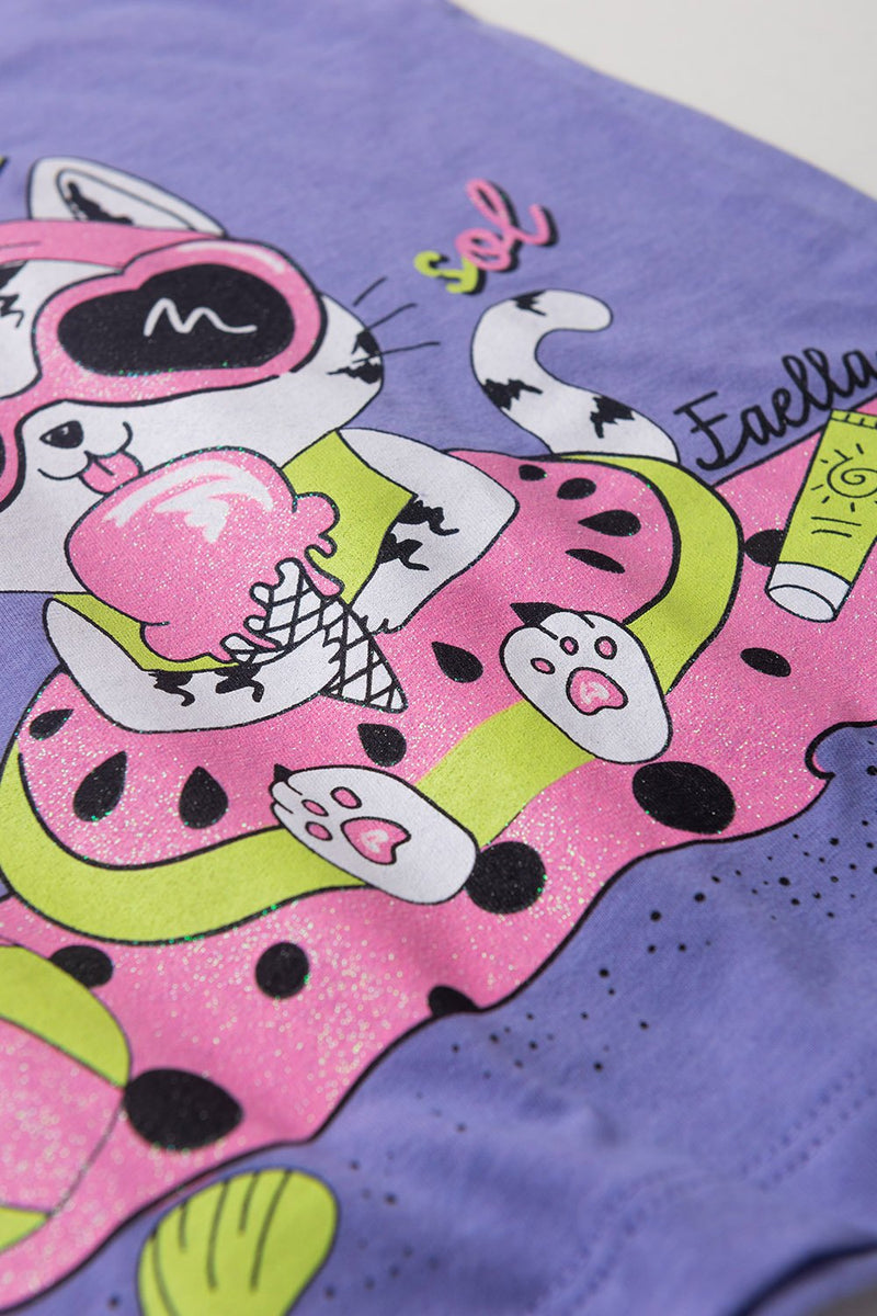 Vestido Infantil Verão Feminino Gatinha de Oculos - Lilás