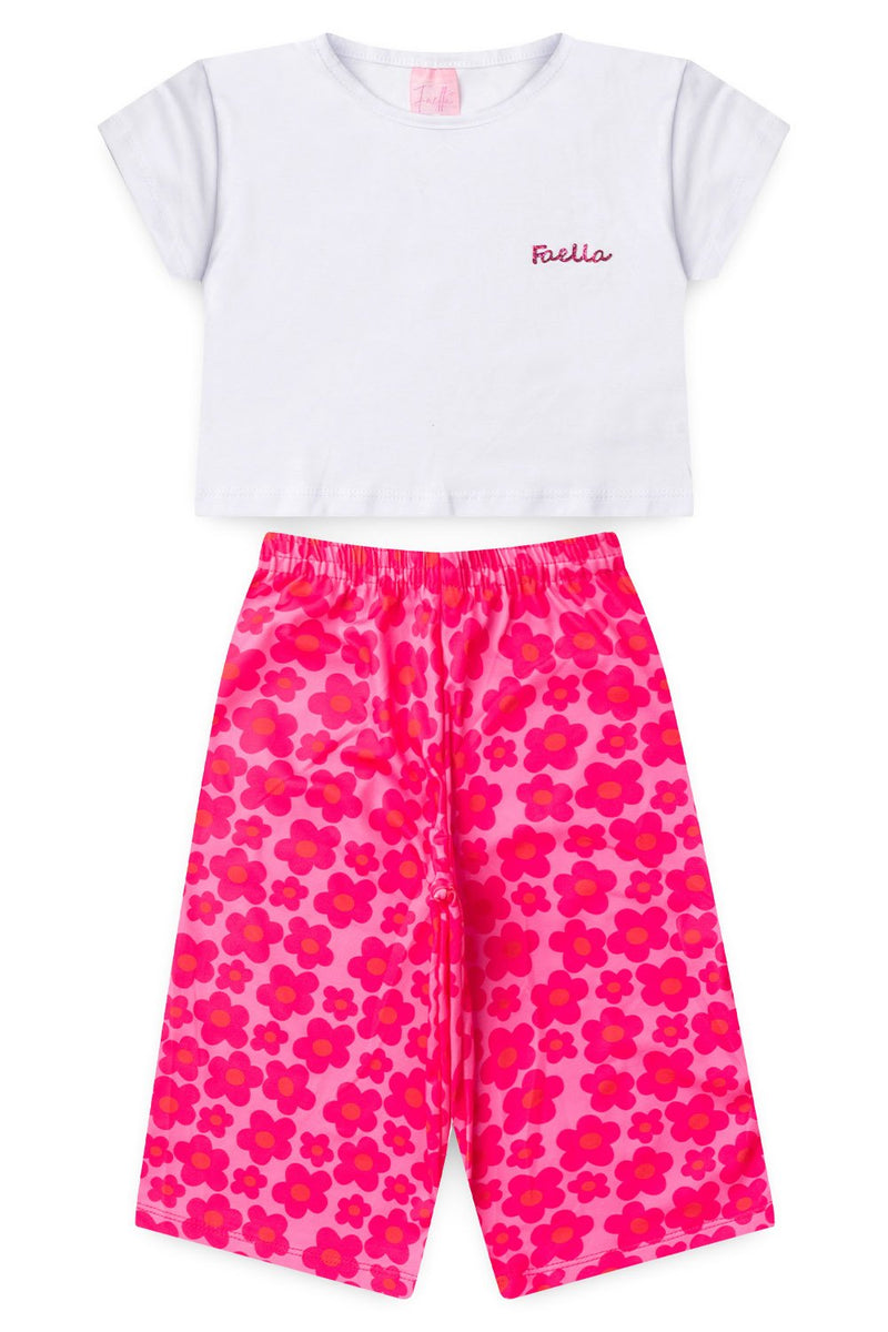 Conjunto Infantil Verão Feminino Pantalona Faella Flores - Branco