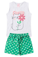 Conjunto Infantil Verão Feminino Regata Gatinha faella - Branco