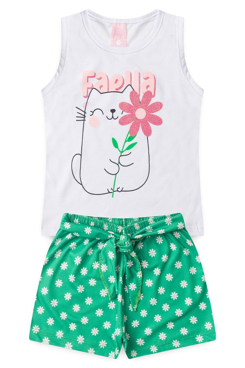 Conjunto Infantil Verão Feminino Regata Gatinha faella - Branco