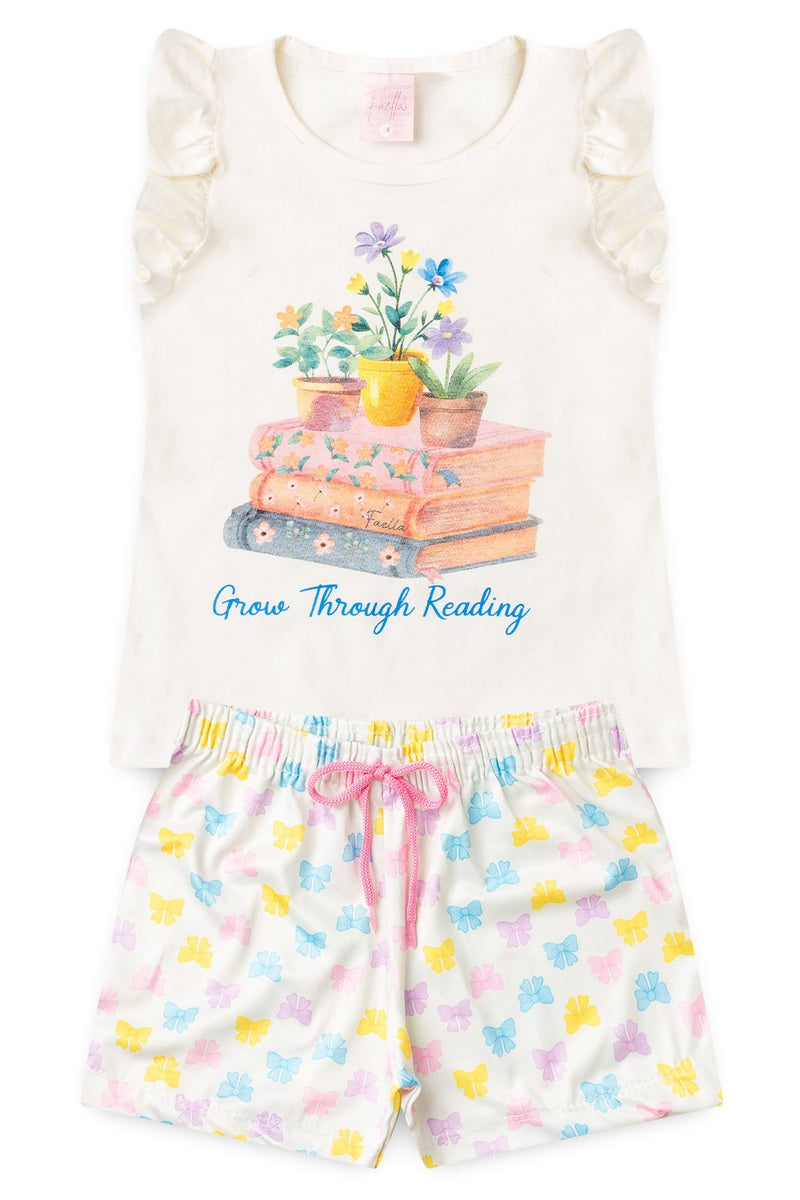 Conjunto Infantil Verão Feminino Livros e Flores - Off White