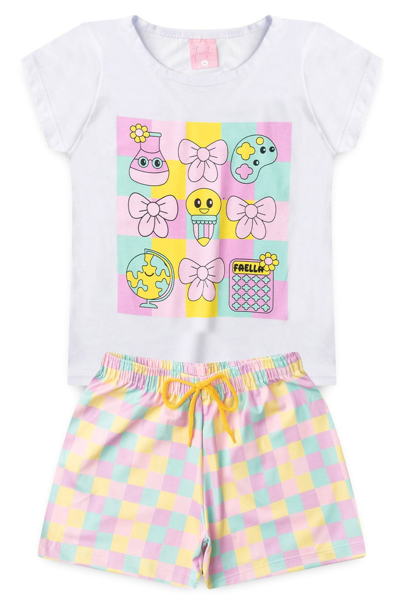 Conjunto Infantil Verão Feminino Quadriculados - Branco