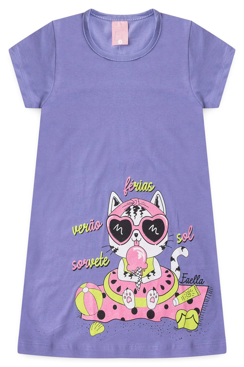 Vestido Infantil Verão Feminino Gatinha de Oculos - Lilás
