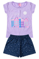 Conjunto Infantil Pijama Verão Feminino Casinhas Faella - Lilás