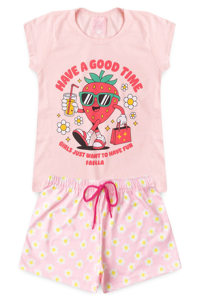 Conjunto Infantil Verão Feminino Moranguinho de Oculos - Rosa