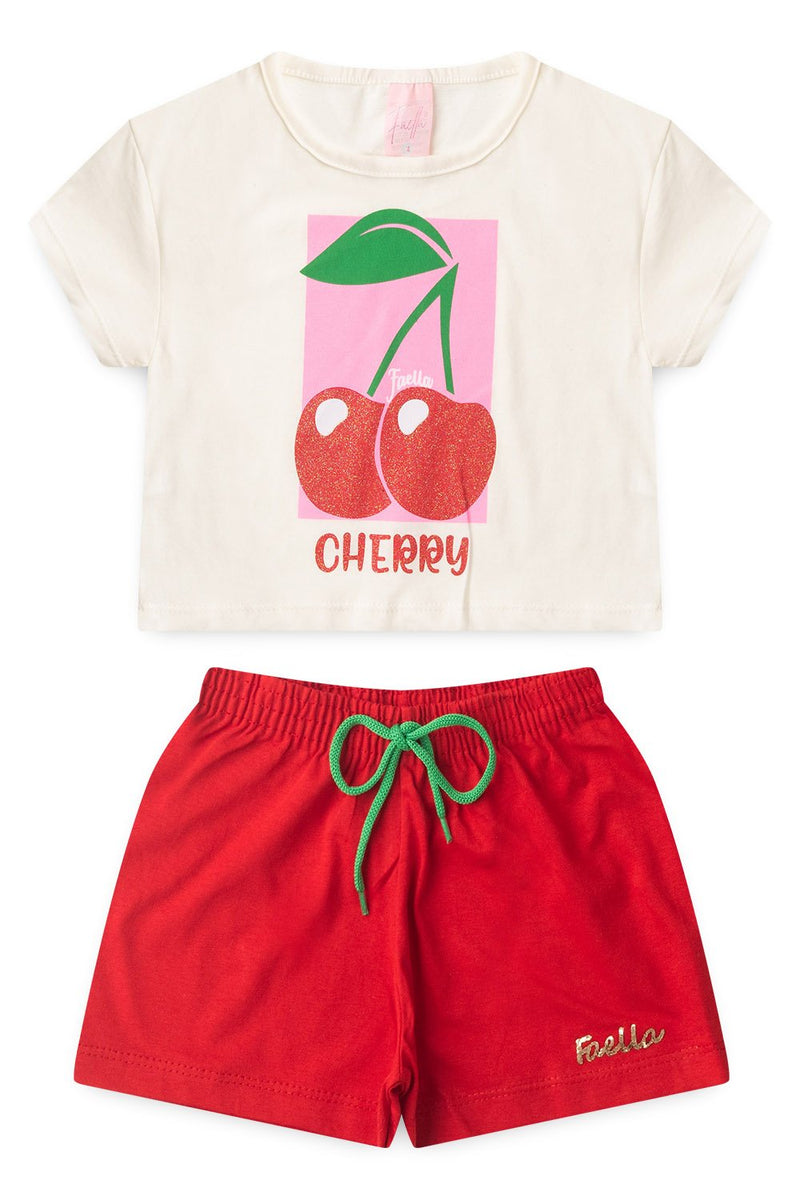 Conjunto Cropped Infantil Verão Feminino Cherry - Off White