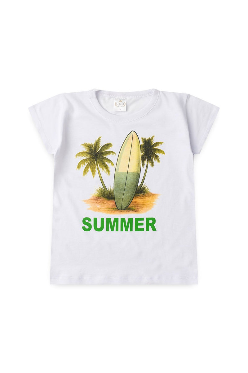 Conjunto Infantil Verão Masculino Camiseta Prancha Summer - Branco