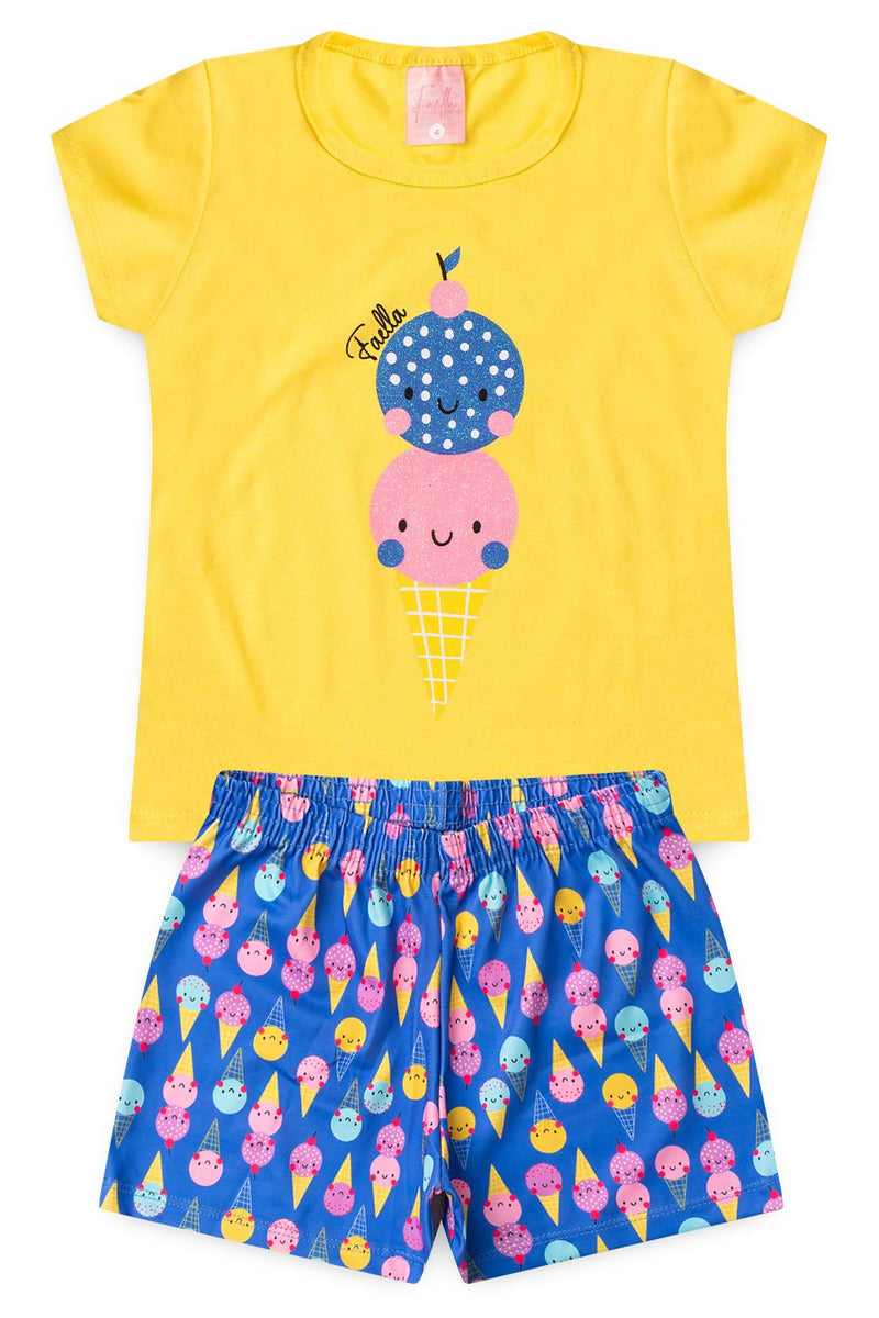 Conjunto Infantil Pijama Verão Feminino Sorvete - Amarelo
