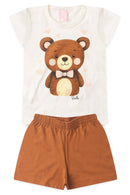 Conjunto Infantil Pijama Verão Feminino Ursinho - Off White