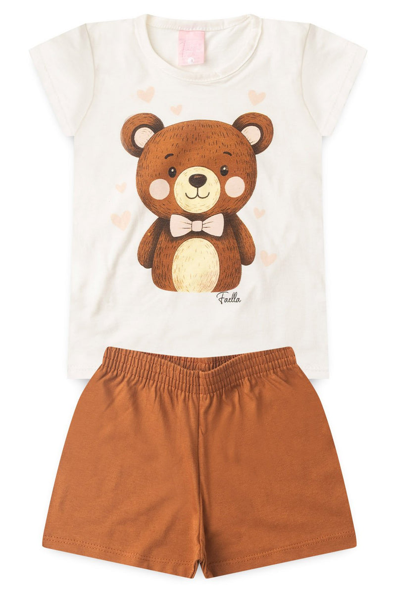 Conjunto Infantil Pijama Verão Feminino Ursinho - Off White