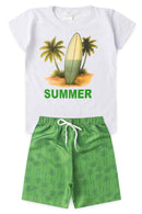 Conjunto Infantil Verão Masculino Camiseta Prancha Summer - Branco