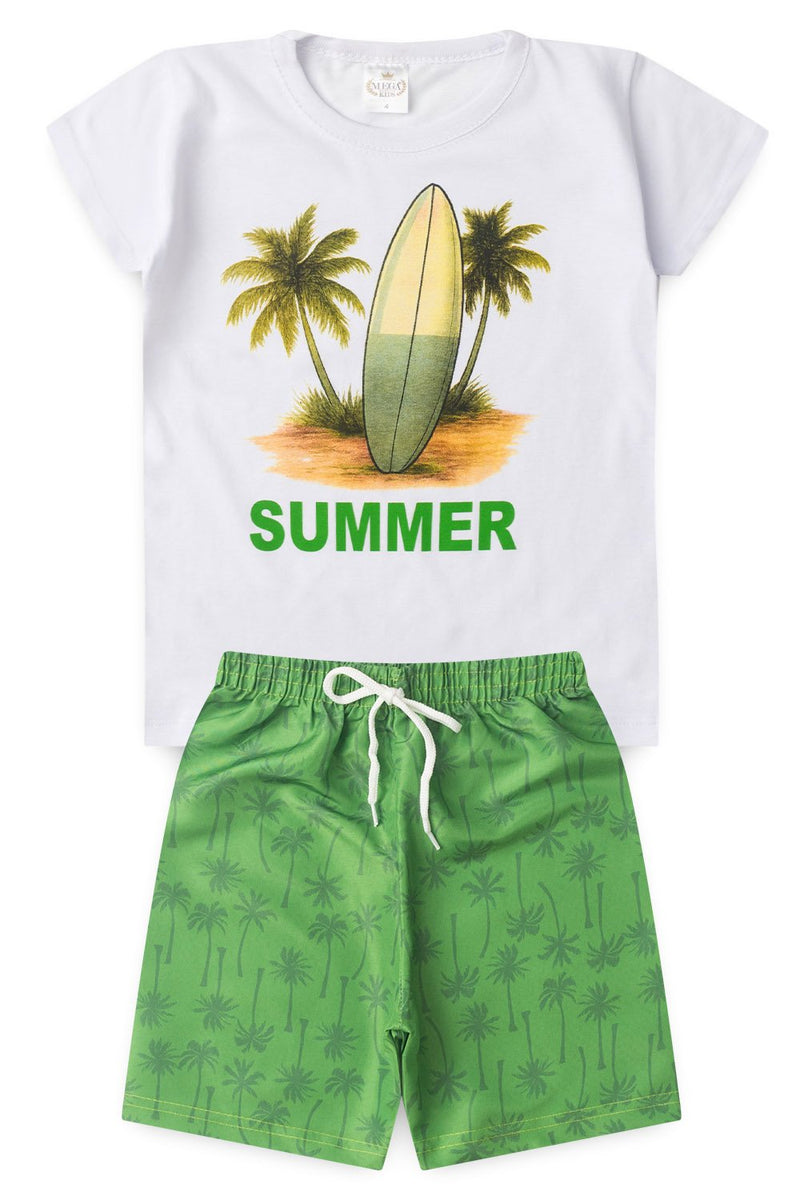 Conjunto Infantil Verão Masculino Camiseta Prancha Summer - Branco