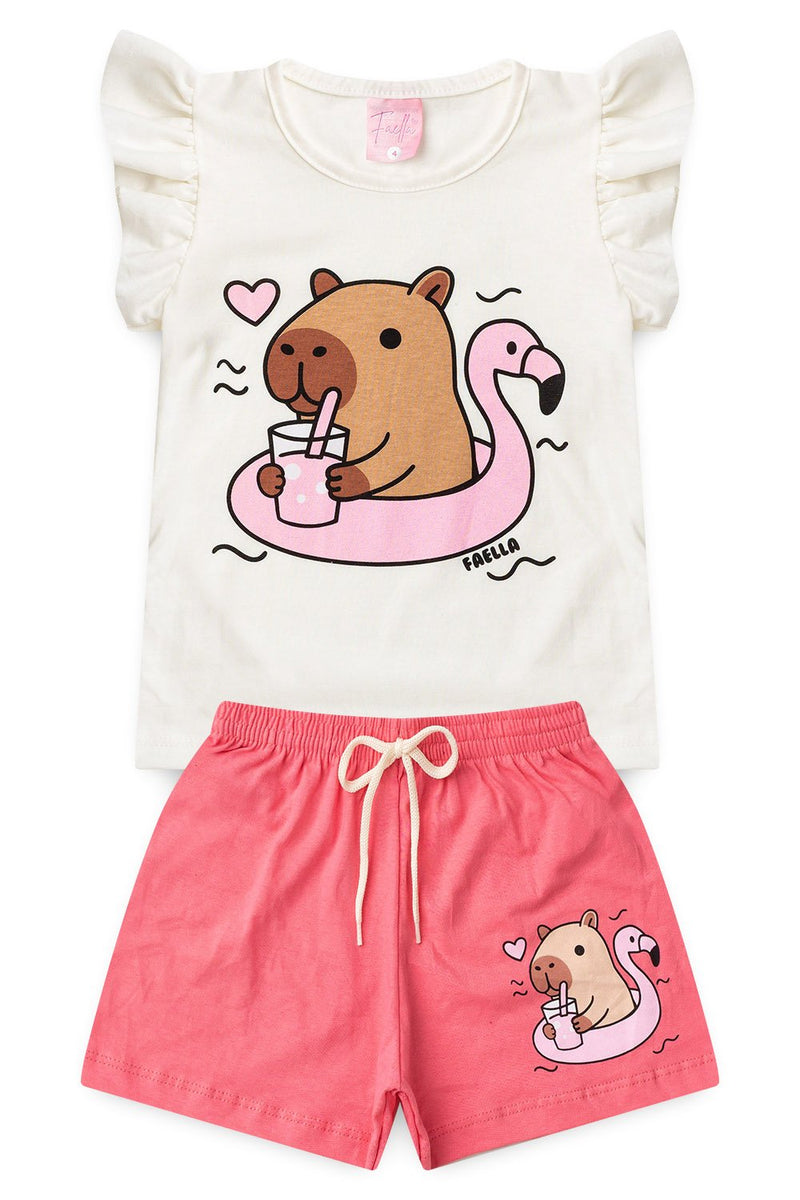 Conjunto Infantil Verão Feminino Ursinho Cool - Off White