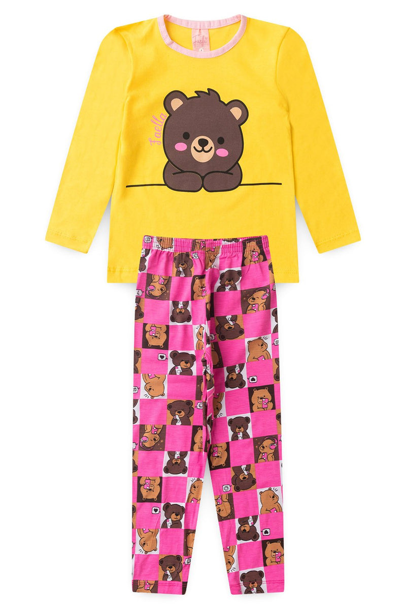 Pijama Infantil Manga Longa Feminino Ursinho Faella - Amarelo