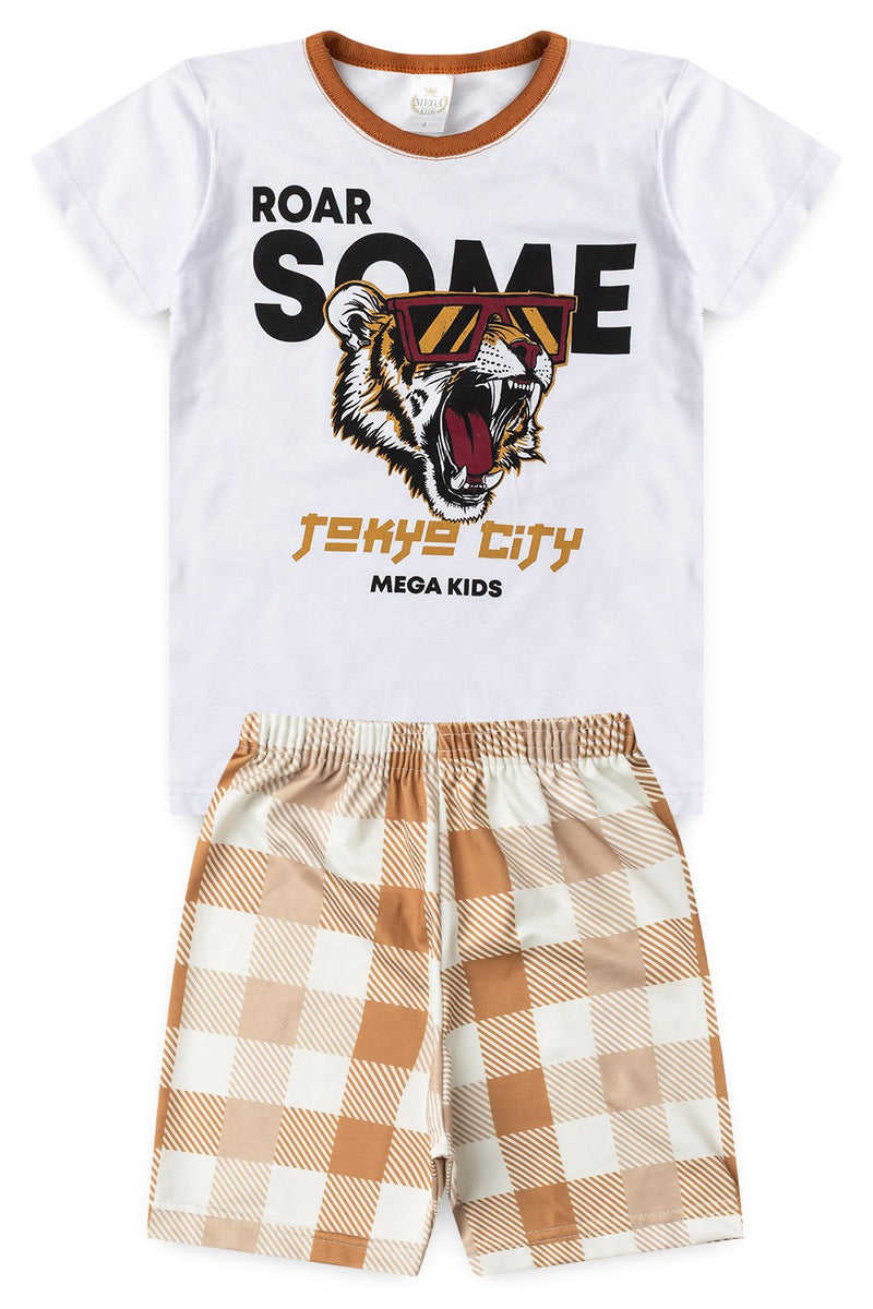 Pijama Infantil Verão Masculino Tigre de Óculos - Branco