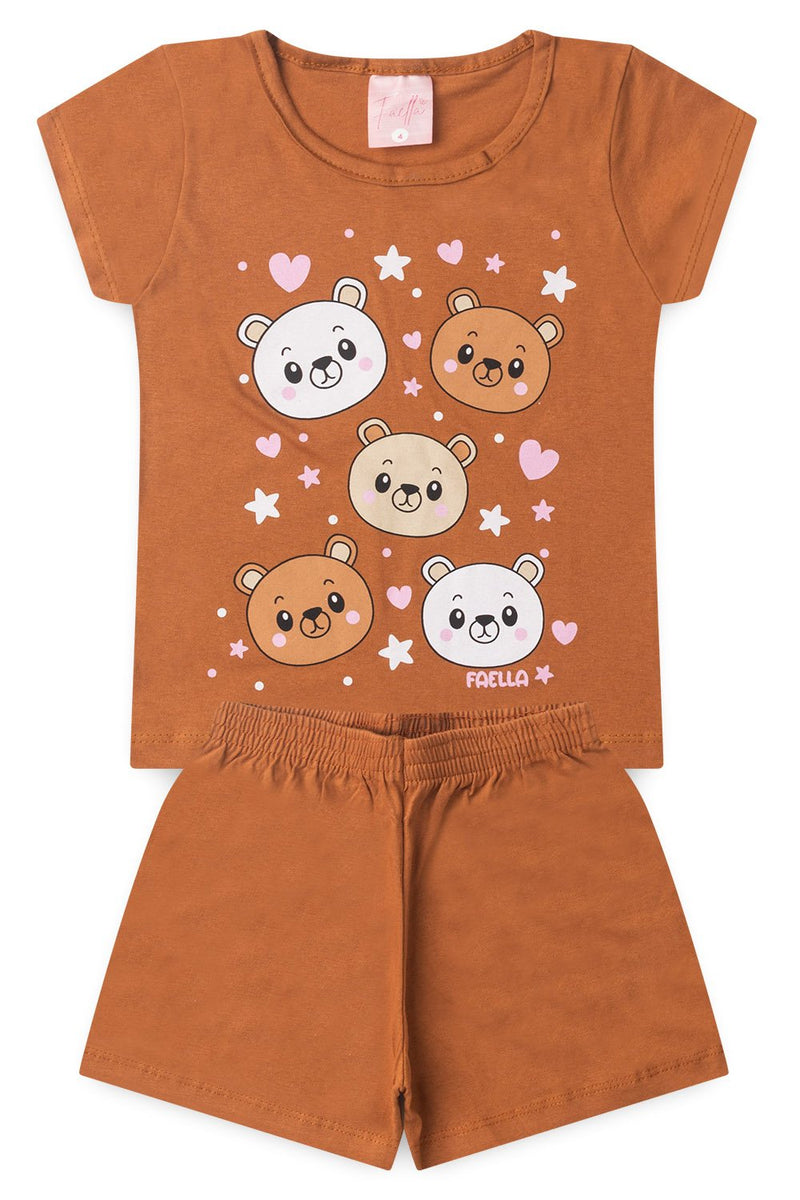 Conjunto Infantil Pijama Verão Feminino Ursinhos - Caramelo