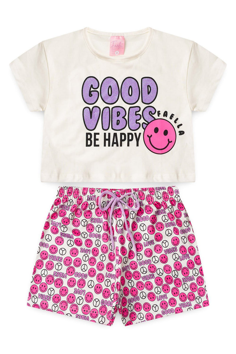 Conjunto Cropped Infantil Verão Feminino Good Vibes - Off White