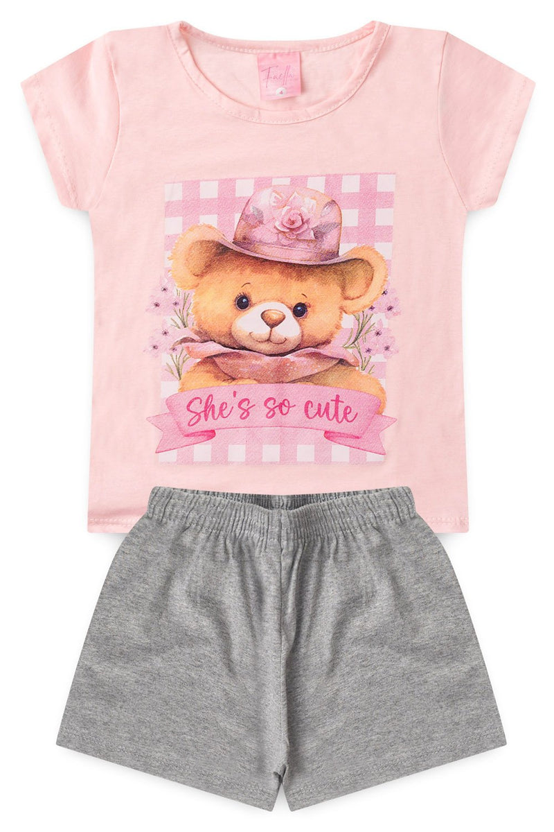 Conjunto Infantil Pijama Verão Feminino Ursinho - Rosa