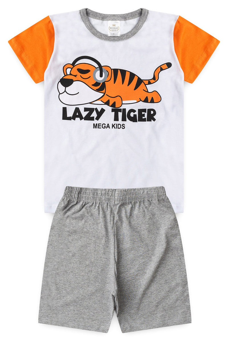 Pijama Infantil Verão Masculino Tigre de Fone - Branco
