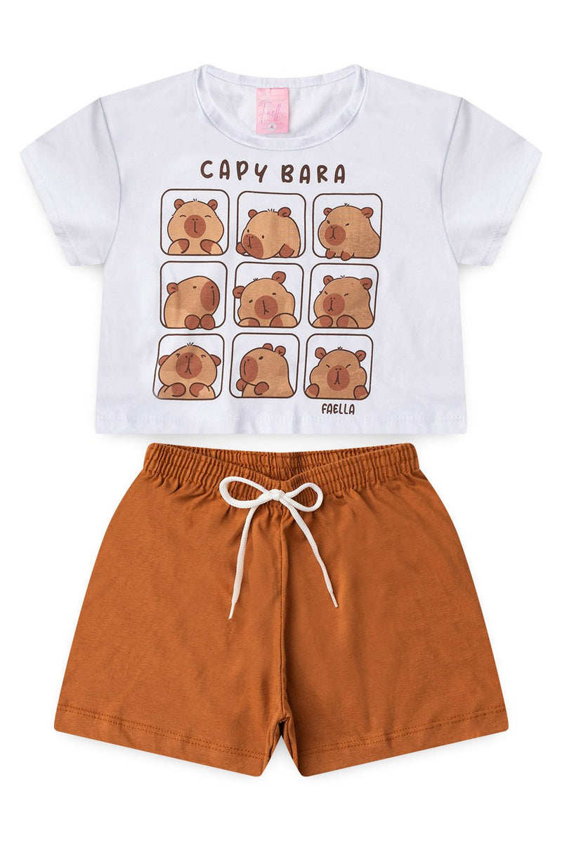 Conjunto Cropped Infantil Verão Feminino Capy Bara - Branco