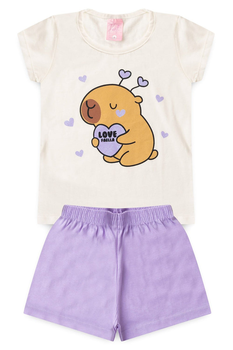 Conjunto Infantil Pijama Verão Feminino Capivara Love - Off White