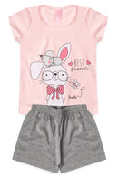Conjunto Infantil Pijama Verão Feminino Ratinho e Coelho - Rosa