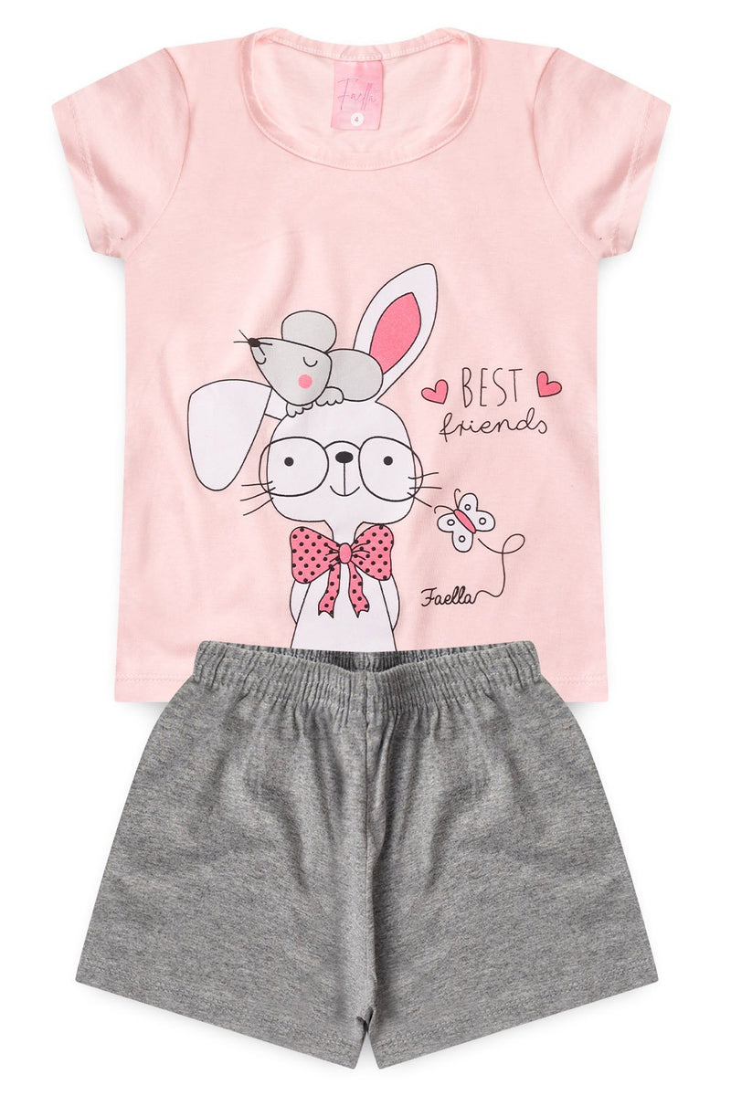 Conjunto Infantil Pijama Verão Feminino Ratinho e Coelho - Rosa