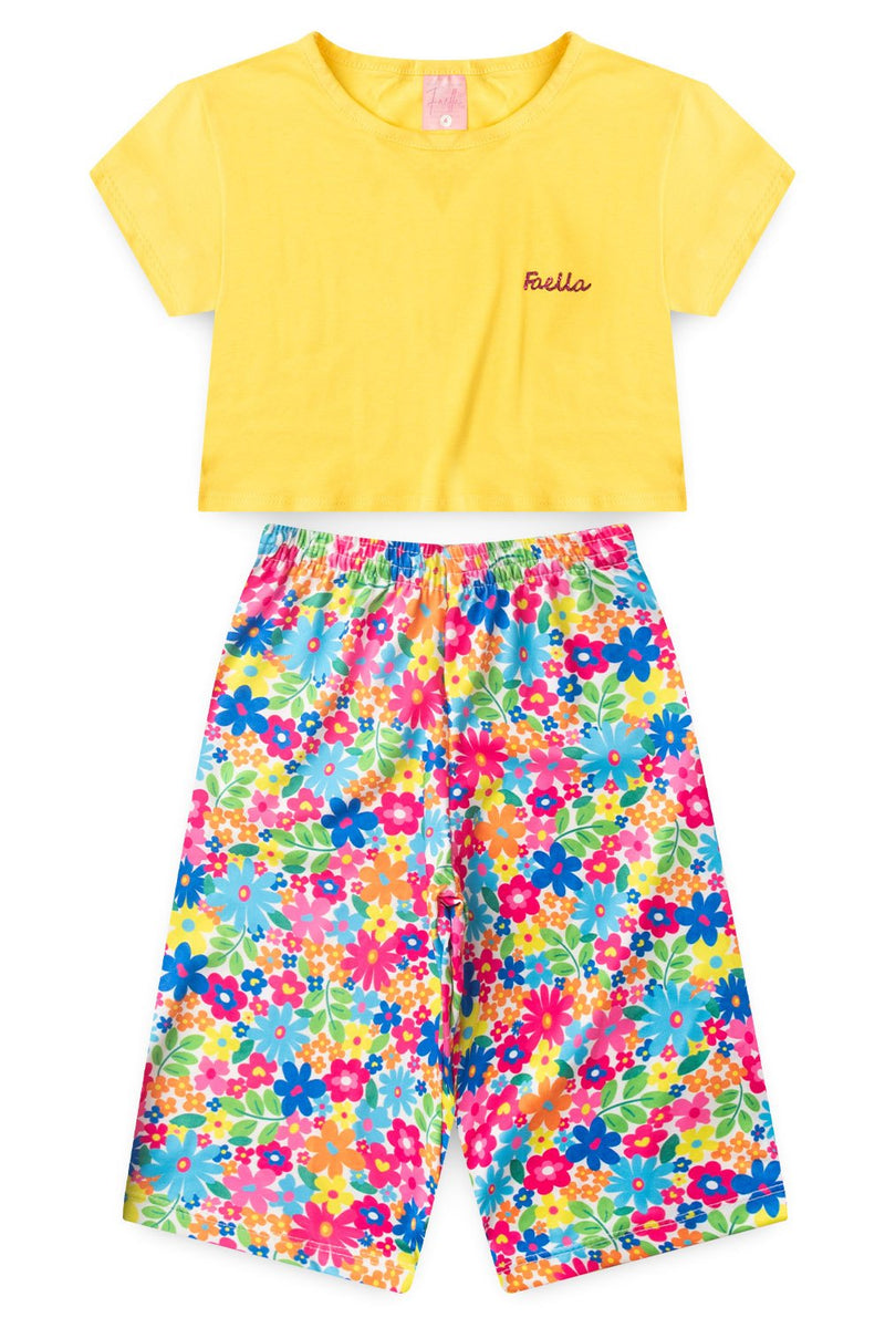 Conjunto Infantil Verão Feminino Pantalona Faella Florido - Amarelo
