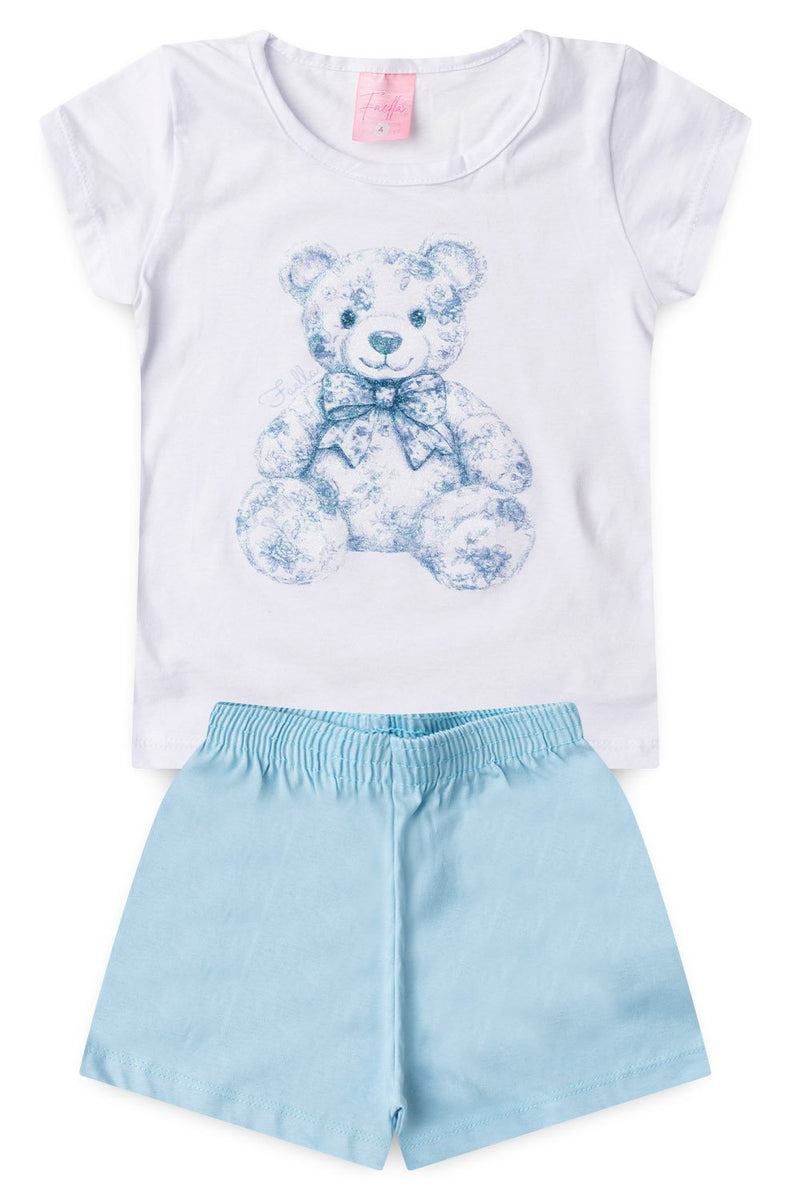 Conjunto Infantil Pijama Verão Feminino Ursinho com Gliter - Branco