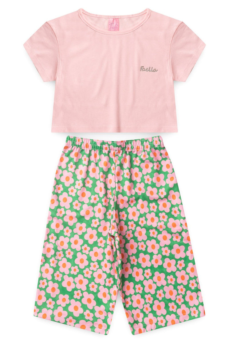 Conjunto Infantil Verão Feminino Pantalona Faella Florido - Rosa