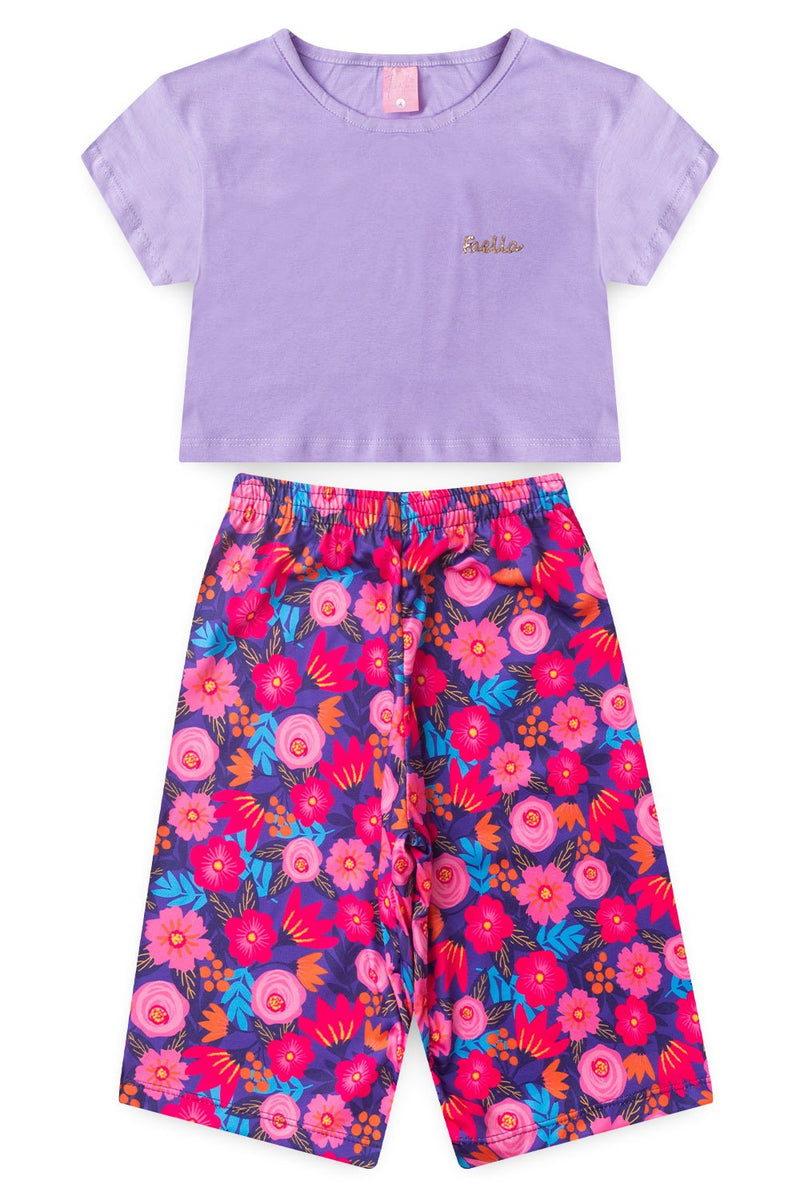 Conjunto Infantil Verão Feminino Pantalona Faella Florido - Lilás
