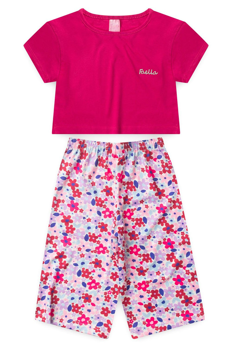 Conjunto Infantil Verão Feminino Pantalona Faella Florido - Pink