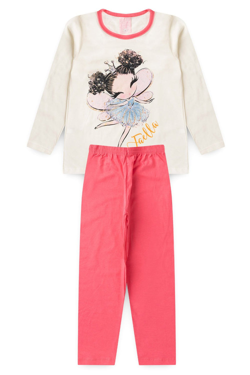 Pijama Infantil Manga Longa Feminino Fada Faella - Off White