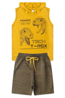 Conjunto Infantil Verão Masculino Regata Com Capuz Dino - Mostarda