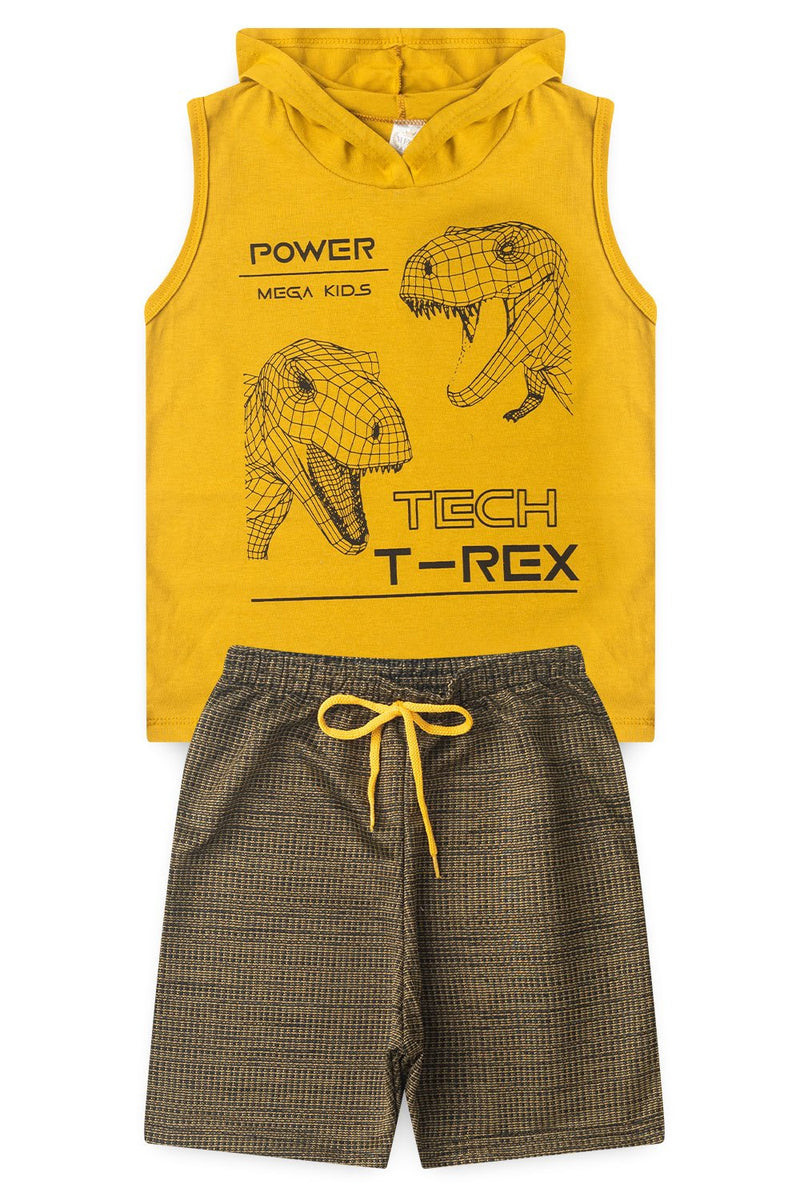 Conjunto Infantil Verão Masculino Regata Com Capuz Dino - Mostarda