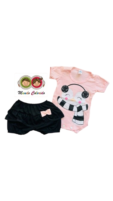 Roupa De Bebê Conjunto Body Pinguim Rosa bebê