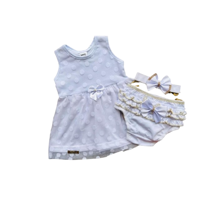 Kit Bebê 3 Peças Vestido + Calcinha + Faixa de Cabelo