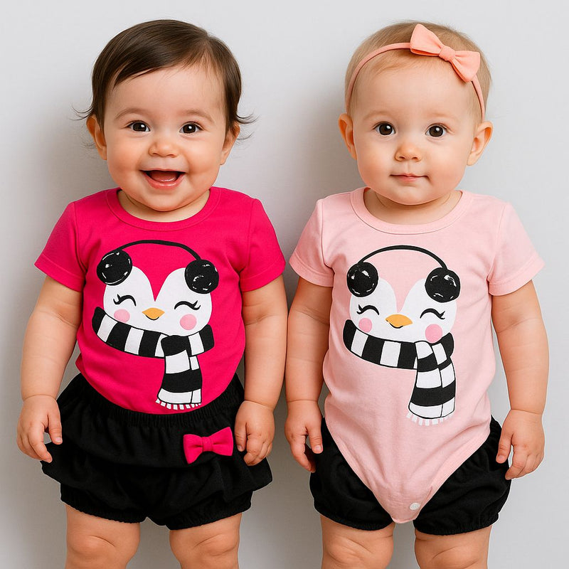 Roupa De Bebê Conjunto Body Pinguim Rosa bebê