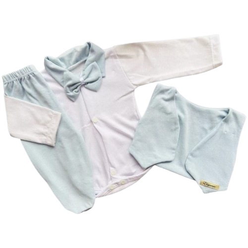 Linha Baby Body Com Gravata Colete e Mijão azul bebê