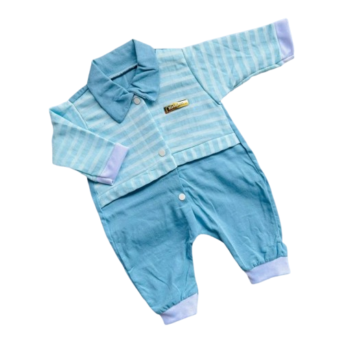 Linha baby macacão listrado azul piscina