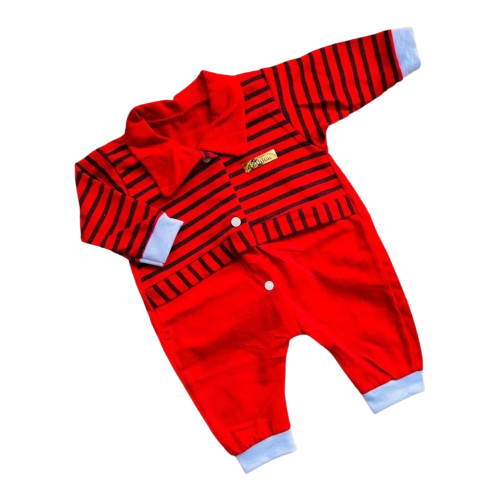 Linha baby macacão listrado azul vermelho